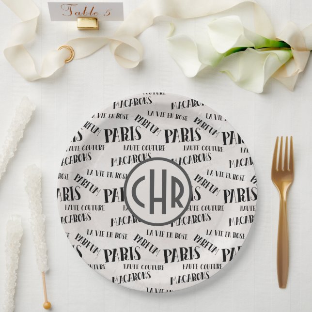 Assiettes En Carton Typographie Thème Français Monogramme | Paris | Pa (Mariage)
