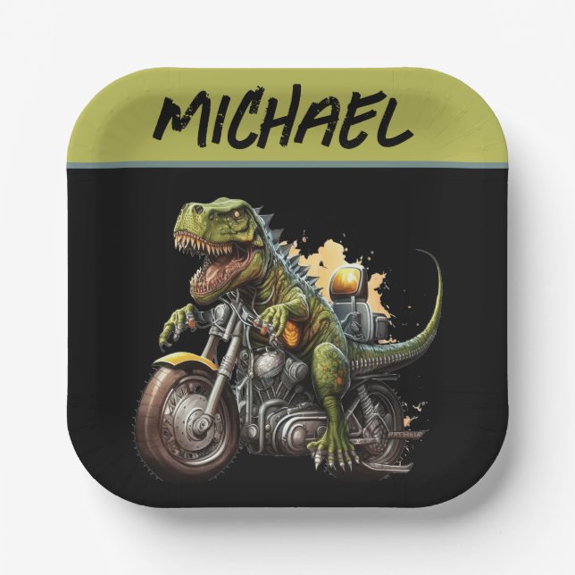 Assiettes En Carton Tyrannosaurus Rex Dinosaur Monter une moto (Recto)