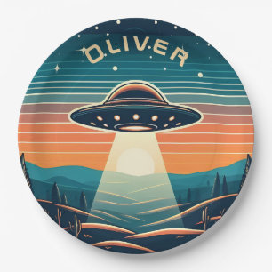 Assiettes En Carton UFO Vintage au coucher du soleil Personnalisé
