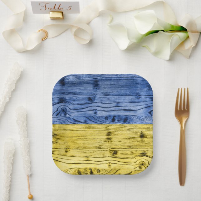 Assiettes En Carton Ukraine drapeau bleu jaune motif de texture de boi (Mariage)