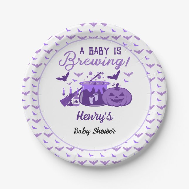 Assiettes En Carton Un Bébé brasse du Baby shower d'Halloween violet (Devant)