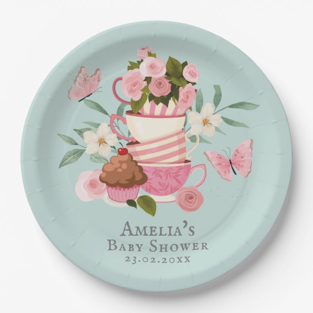 Assiettes En Carton Un bébé brasse un Baby shower de tasses fleuries (Devant)