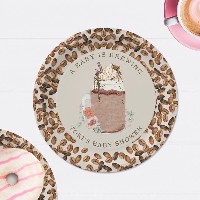 Assiettes En Carton Un Bébé Brûle Du Café Baby shower Floral (Créateur téléchargé)