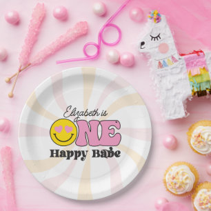 Assiettes En Carton Un bébé heureux rose jaune pour son premier annive