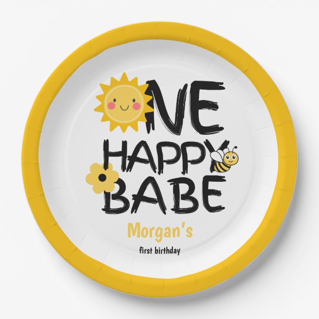 Assiettes En Carton Un Bébé Jaune Sunny Bee Girls 1er anniversaire (Devant)