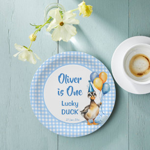 Assiettes En Carton Un canard chanceux bleu en vichy anniversaire impr