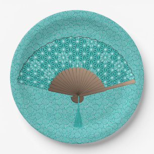 Assiettes En Carton Un fan japonais à Asanoha motif, Turquoise