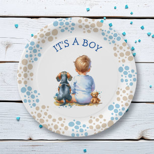 Assiettes En Carton Un garçon Baby shower bébé et chiot de Dachshund