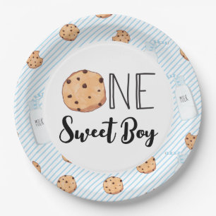 Assiettes En Carton Un Garçon Sucré Lait et Cookies bleu Anniversaire