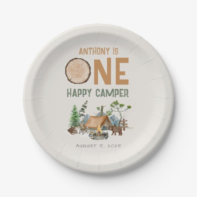 Assiettes En Carton Un heureux Camper aquarelle Woodland 1er anniversa (Devant)