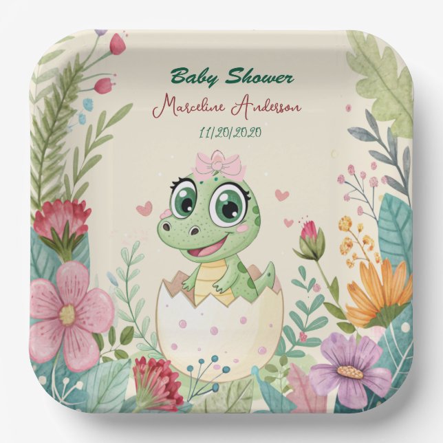 Assiettes En Carton un joli petit Dinosaure Aquarelle Hatching Bientôt (Recto)