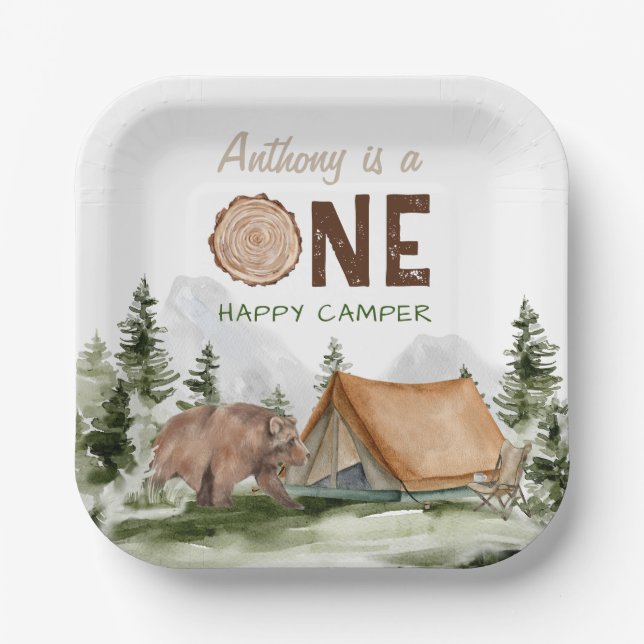 Assiettes En Carton Un Joyeux Camper Mountain Forest Bear 1er annivers (Recto)