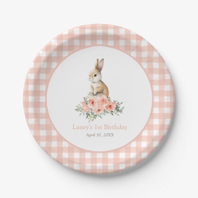 Assiettes En Carton Un lapin rose floral fille Anniversaire (Devant)