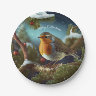 Assiettes En Carton Un mignon Robin sur une plaque en papier de Noël