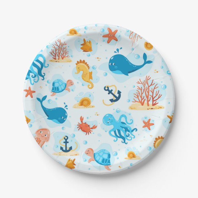 Assiettes En Carton Un monde sous-marin mignon. Aquatique. Vie océaniq (Devant)