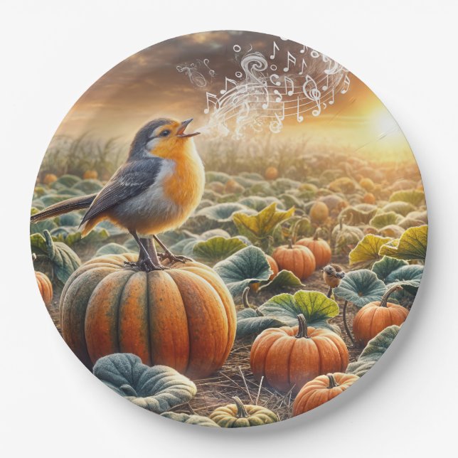 Assiettes En Carton Un oiseau chante sur un Citrouille (Devant)