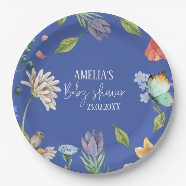 Assiettes En Carton Un petit Baby shower Fleur sauvage bleu (Devant)