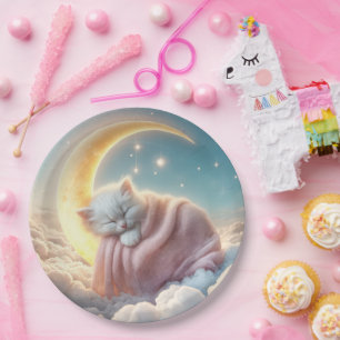 Assiettes En Carton Un petit chaton endormi sur un croissant de lune