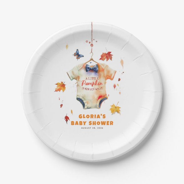 Assiettes En Carton Un Petit Citrouille Est En Chemin Baby shower (Devant)