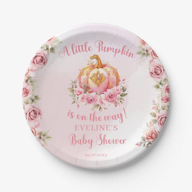 Assiettes En Carton Un petit citrouille est en chemin baby shower rose (Devant)