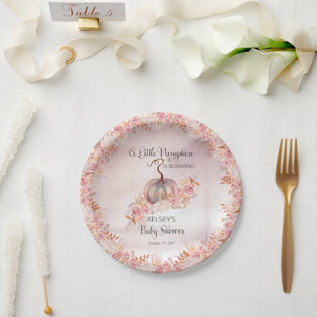 Assiettes En Carton Un Petit Citrouille Fleurit Pink Baby shower Pap (Mariage)