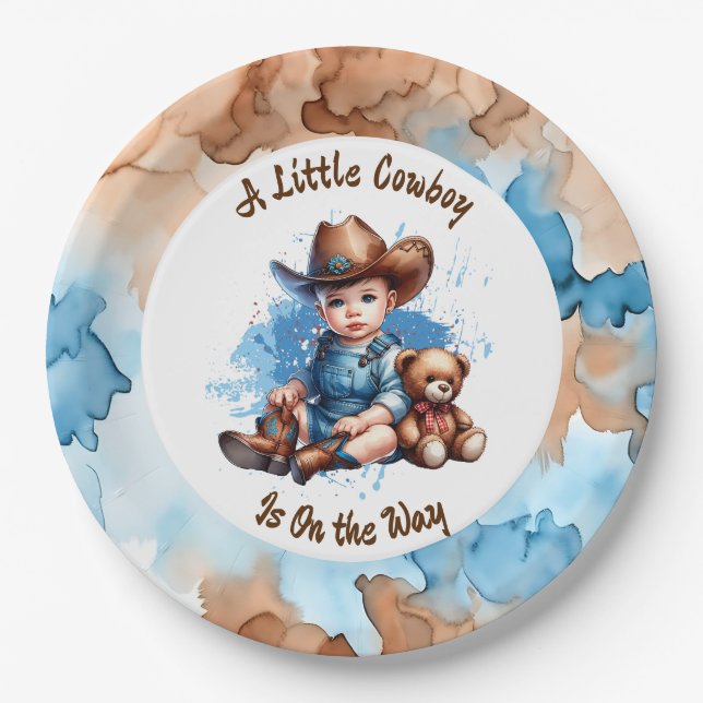 Assiettes En Carton Un petit cowboy est sur le chemin | Baby shower (Devant)