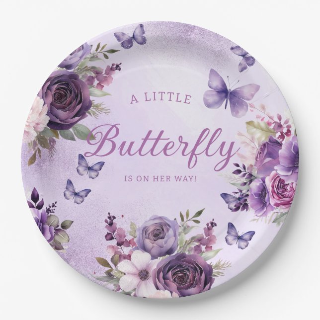 Assiettes En Carton Un petit papillon Floral violet fille Baby shower (Devant)
