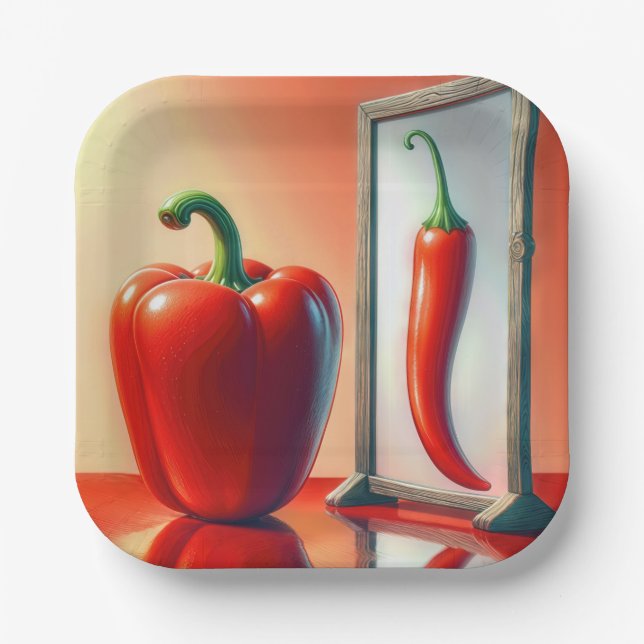 Assiettes En Carton Un poivre rouge regardant dans un miroir (Recto)