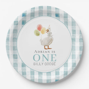 Assiettes En Carton Un Silly Goose Blue En vichy 1er anniversaire
