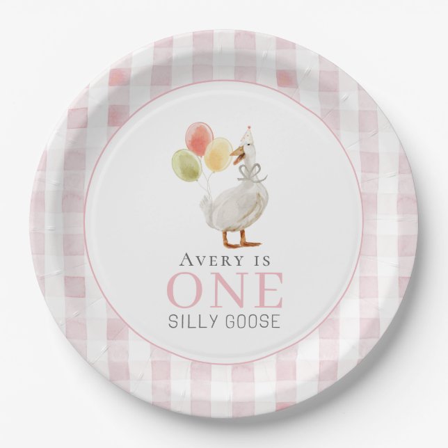 Assiettes En Carton Un Silly Goose Rose En vichy 1er anniversaire (Devant)