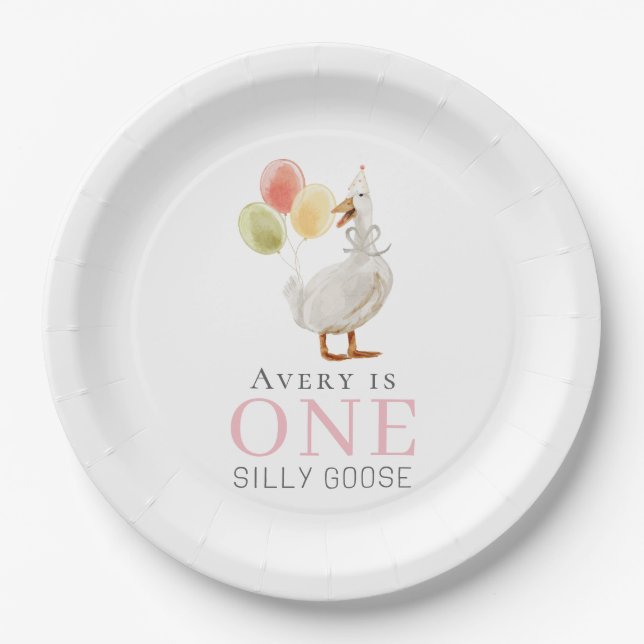 Assiettes En Carton Une fille d'oie sotte rose 1er anniversaire (Devant)