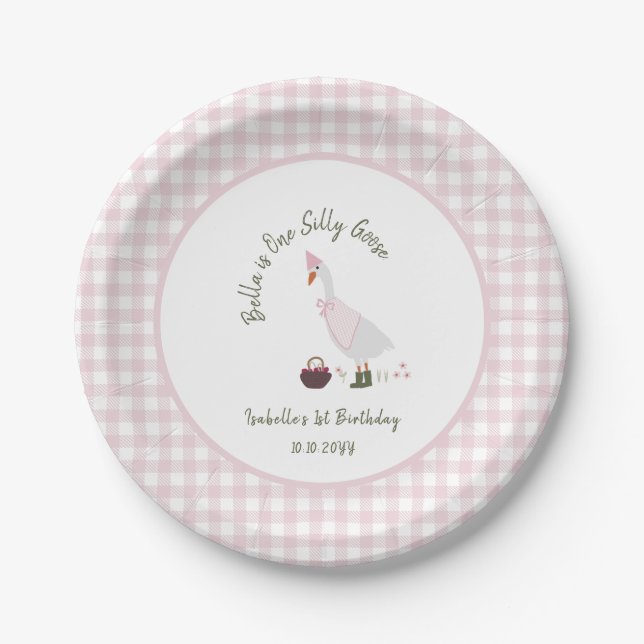 Assiettes En Carton Une oie sotte fille rose En vichy 1er anniversaire (Devant)