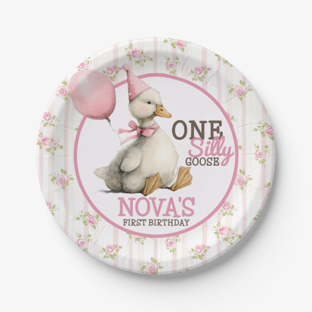 Assiettes En Carton Une oie sotte personnalisée rose 1er anniversaire (Devant)