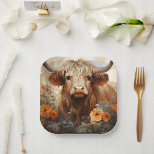 Assiettes En Carton Une série Florale Highland Cow Design 2