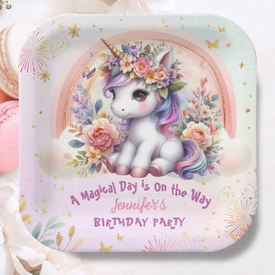 Assiettes En Carton Unicorn Anniversaire fille rose floral arc-en-ciel
