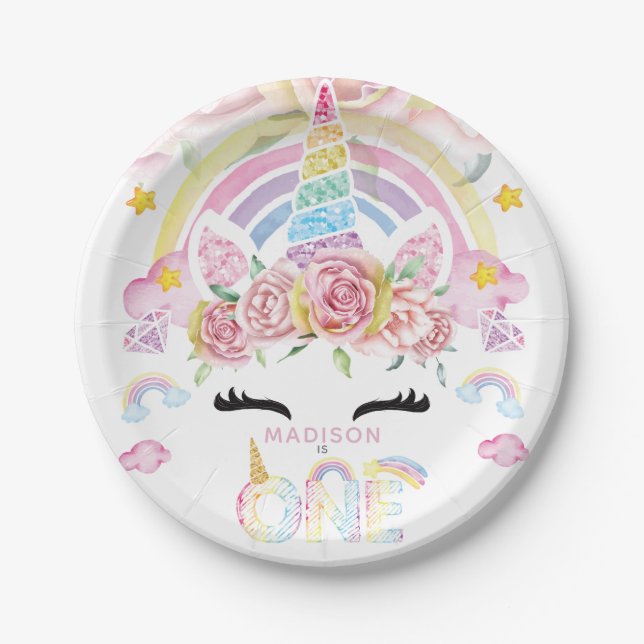 Assiettes En Carton Unicorn Magique premier anniversaire Floral (Devant)