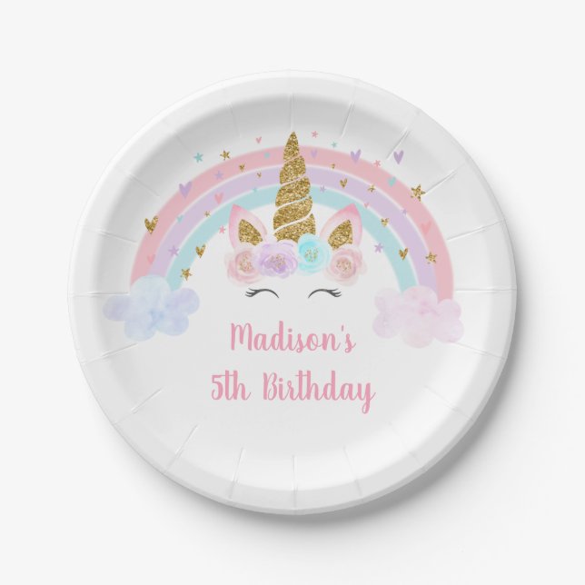 Assiettes En Carton Unicorn Rainbow Pink Gold Pastel Birthday (Devant)