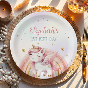 Assiettes En Carton Unicorn Rainbow Pink Gold Pastel Birthday