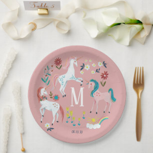 Assiettes En Carton Unicorn rose mignon filles magiques monogramme ann