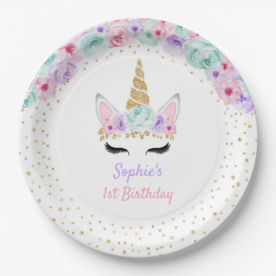 Assiettes En Carton Unicorne 1er anniversaire - Gold Turquoise rose po