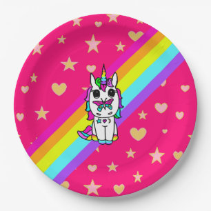 Assiettes En Carton Unicorne arc-en-ciel rose avec papillon sur le nez