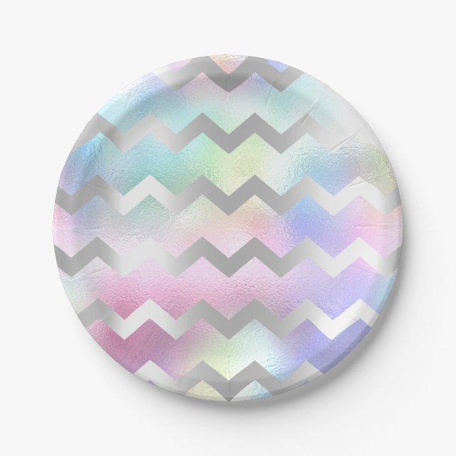 Assiettes En Carton Unicorne bleu rose holographique Rainbow Chevron (Devant)