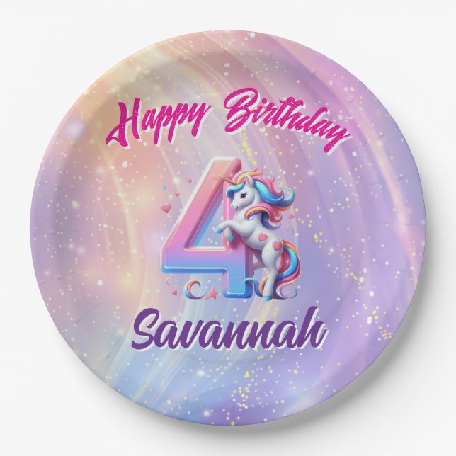 Assiettes En Carton Unicorne magique 4e anniversaire Pastel Purple (Devant)