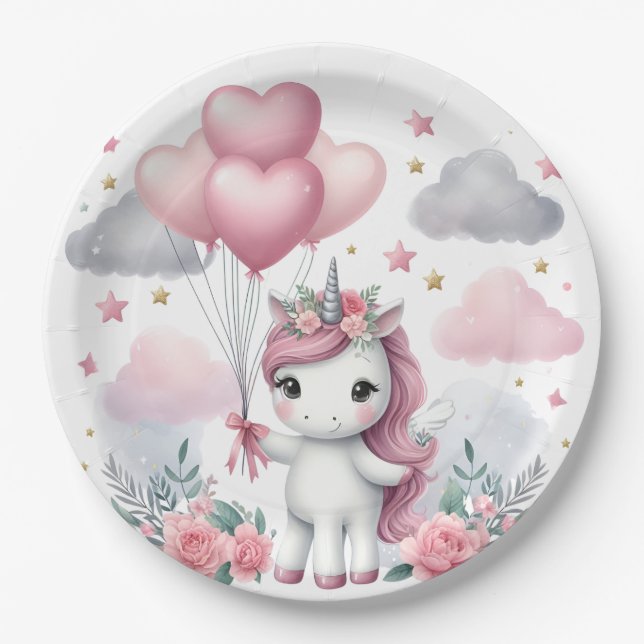 Assiettes En Carton Unicorne rose (Devant)