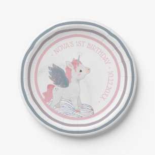 Assiettes En Carton Unicorne rose avec ailes Plaque papier d'anniversa
