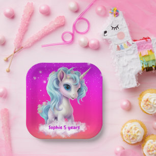 Assiettes En Carton Unicorne sur ciel rose vif