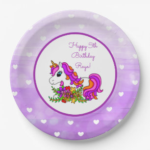 Assiettes En Carton Unicorne violette personnalisée Joyeux anniversair