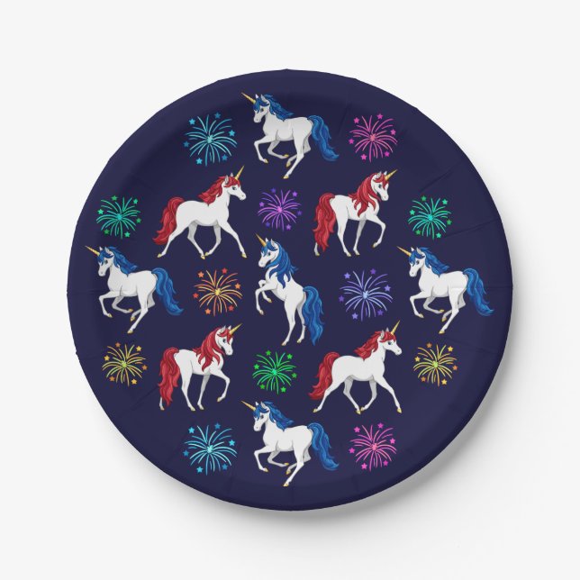Assiettes En Carton Unicornes Bleues Blancs Patriotique Américain (Devant)