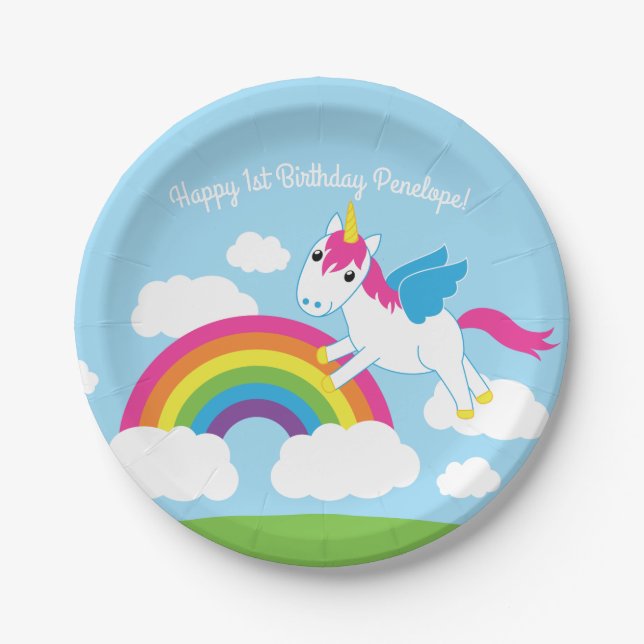Assiettes En Carton Unicorns & Rainbows Mignonne 1er Anniversaire Thèm (Devant)