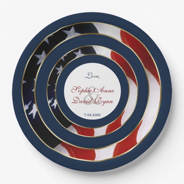 Assiettes En Carton Unique Patriotique Élégant USA Mariage or drapeau (Devant)